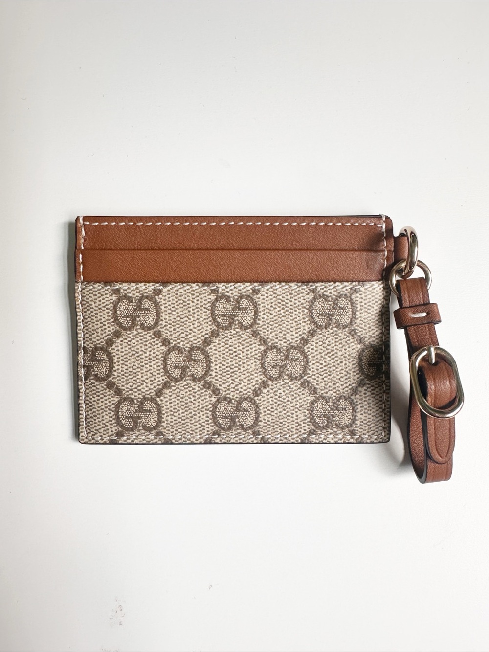 Gucci GG Emblem Card Case with Strap Beige and Dark Brown Fabric NWB - Picture 9 of 14